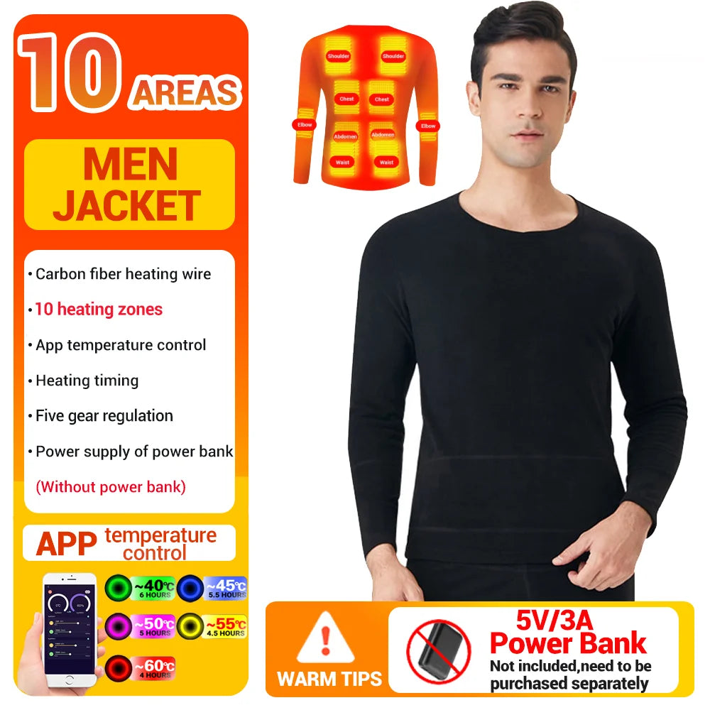Winter Heated Underwear Suit Smart Phone APP Control Temperature USB Battery Powered  Fleece Thermal Motorcycle Jacket