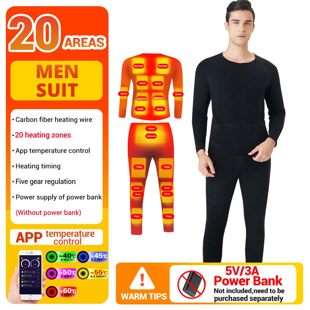 Winter Heated Underwear Suit Smart Phone APP Control Temperature USB Battery Powered  Fleece Thermal Motorcycle Jacket