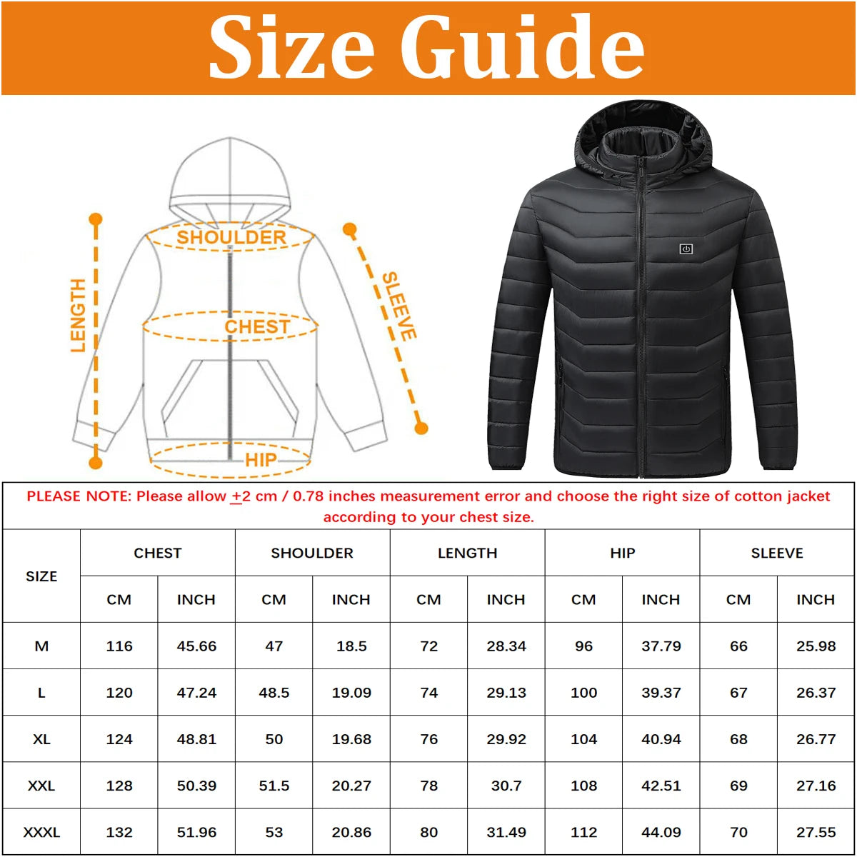 Heated Jacket, Men's and Women's Winter Warm Jacket, Smart USB Electric Heated Jacket with 9 Carbon Fiber Heating Pads